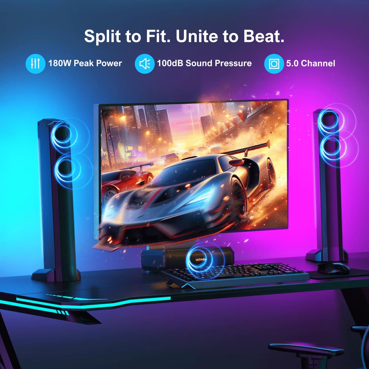 5.0Ch Sound Bar for Smart TV, PC Soundbar with RGB Light, Detachable Soundbar for TV with App Control, HDMI-ARC/OPT/AUX