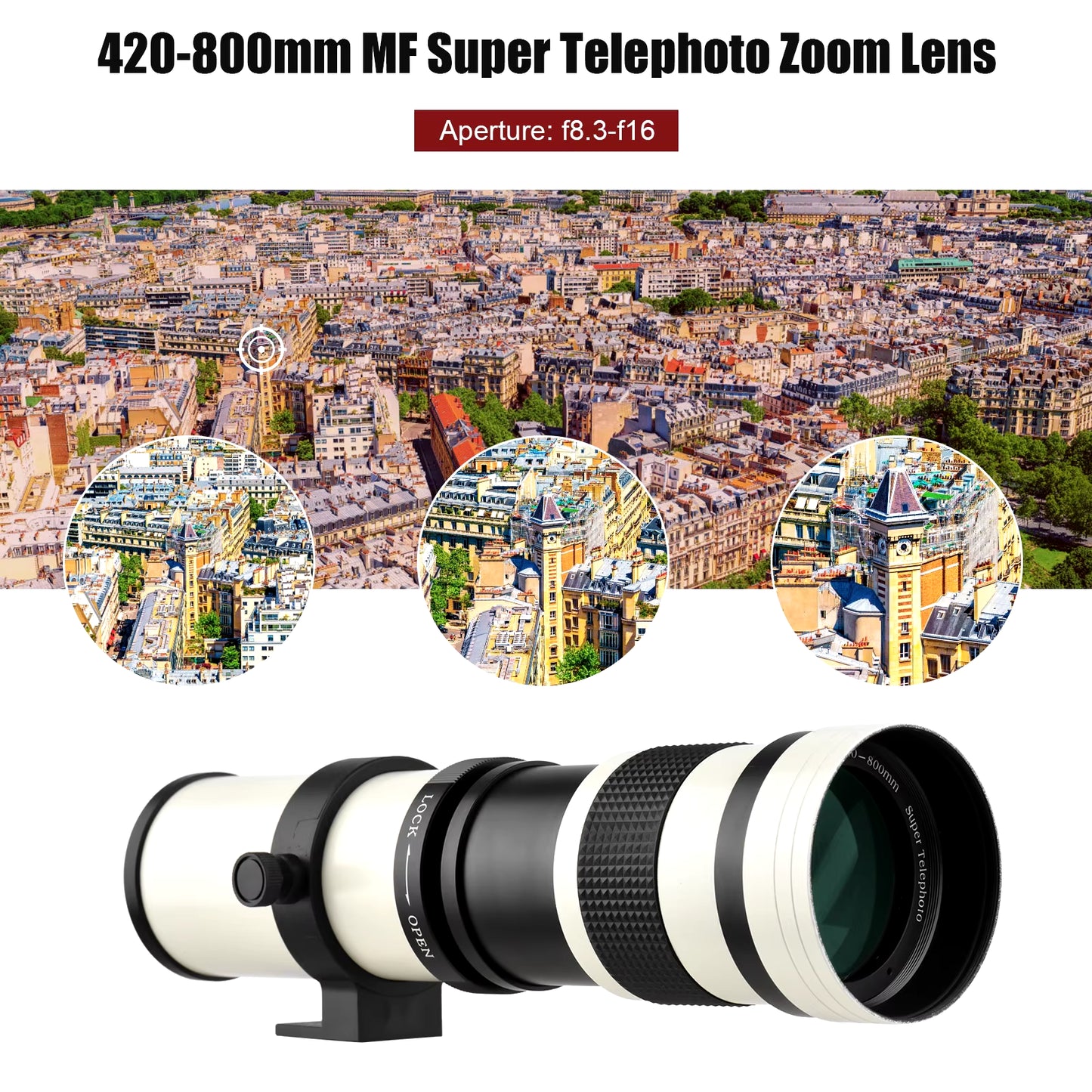 Camera MF Super Telephoto Zoom Lens F/8.3-16 420-800Mm T Mount with Universal 1/4 Thread Replacement for Canon Nikon Sony