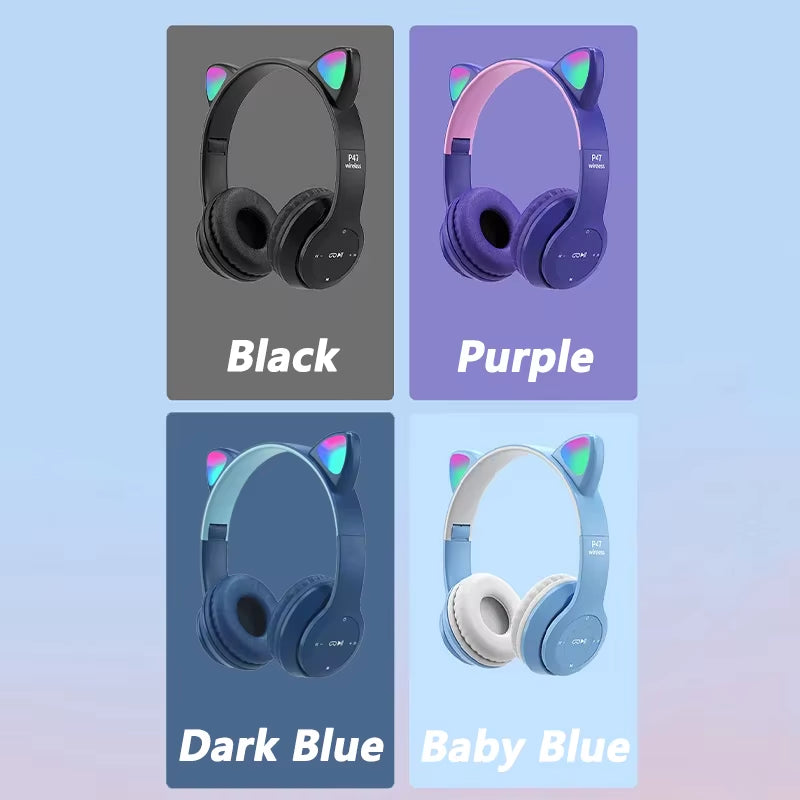 Wireless Headphones Cat Ear Bluetooth-Compatible Helmets Stereo Bass Over-Ear Headsets Sports Headphones for Kids and Adult